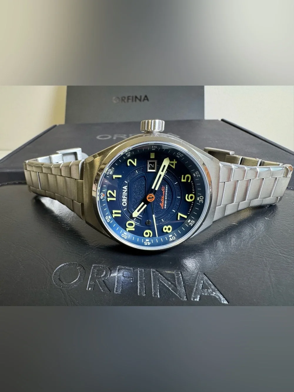 orfina founders edition automatic date stainless steel 42 mm wristwatch